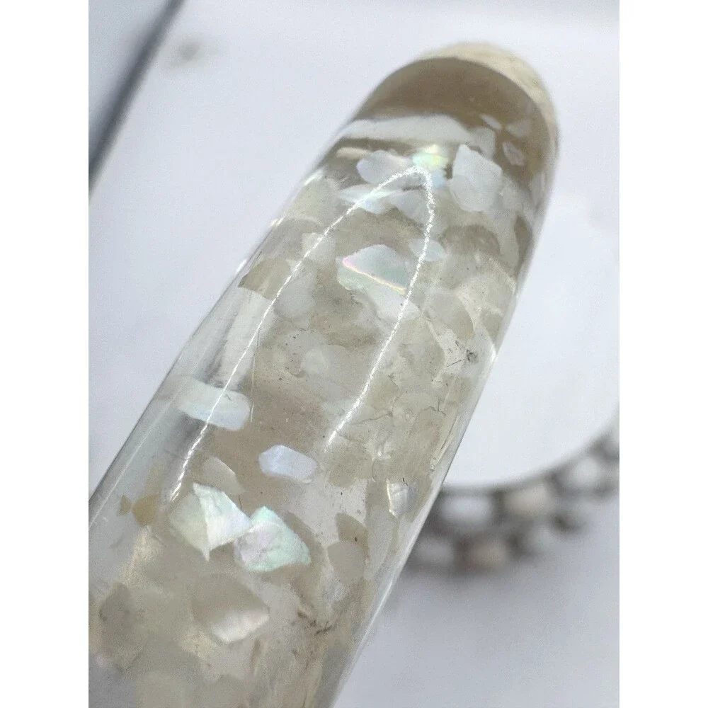 Vtg Lucite Bangle Bracelet Iridescent Inclusions Mother Of Pearl Twine Wrapped
